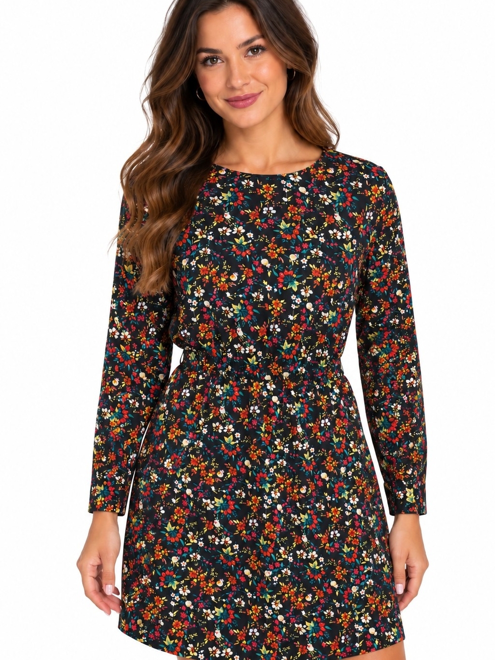 J. Crew Black Floral Long-Sleeve Mini Dress